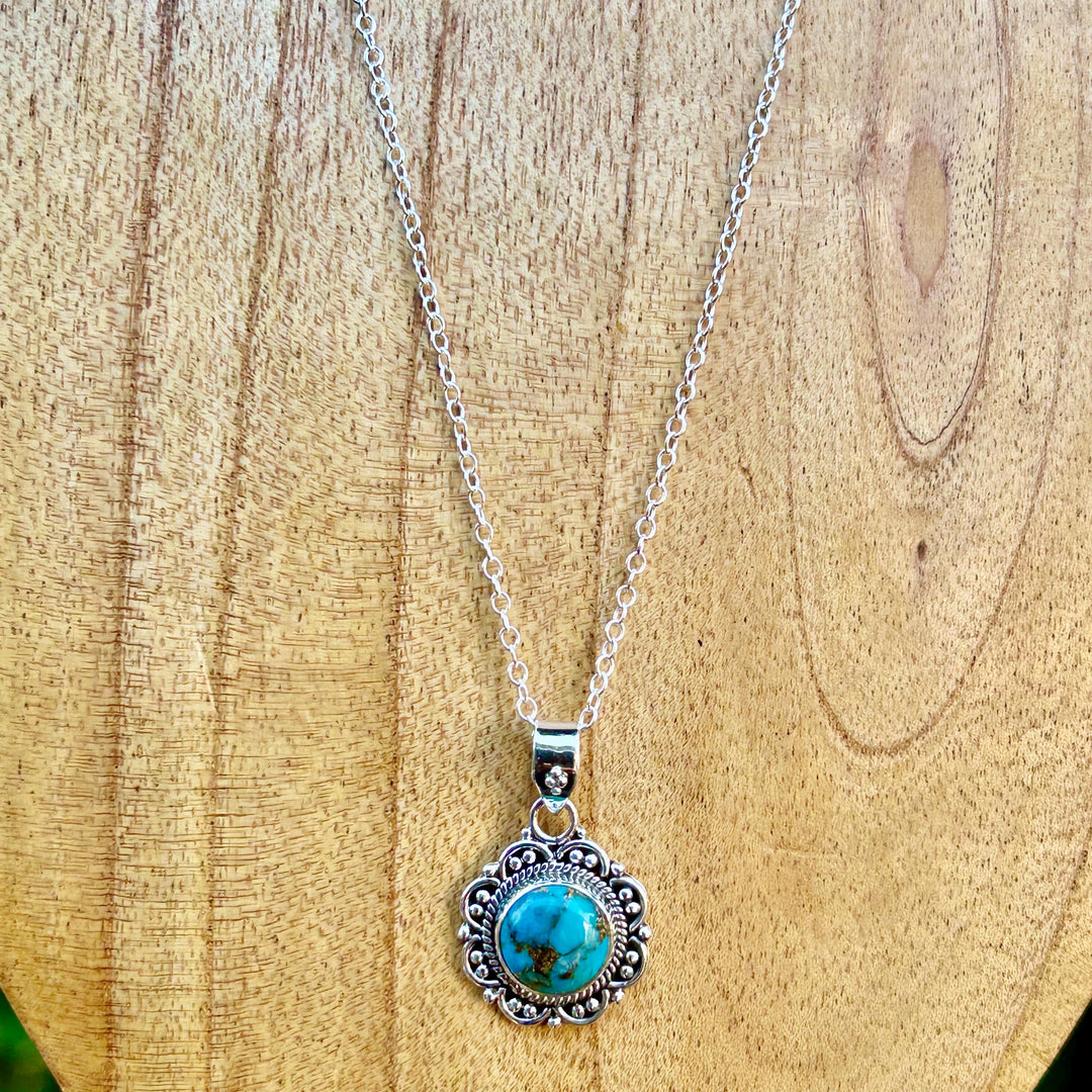 Dainty Copper Turquoise Necklace: Sterling Silver Scrollwork Pendant