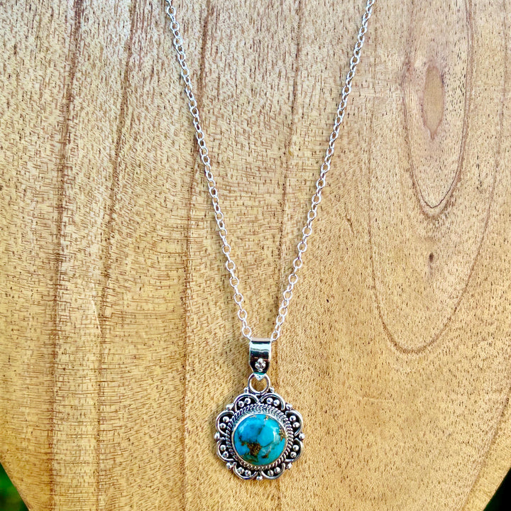 Dainty Copper Turquoise Necklace: Sterling Silver Scrollwork Pendant