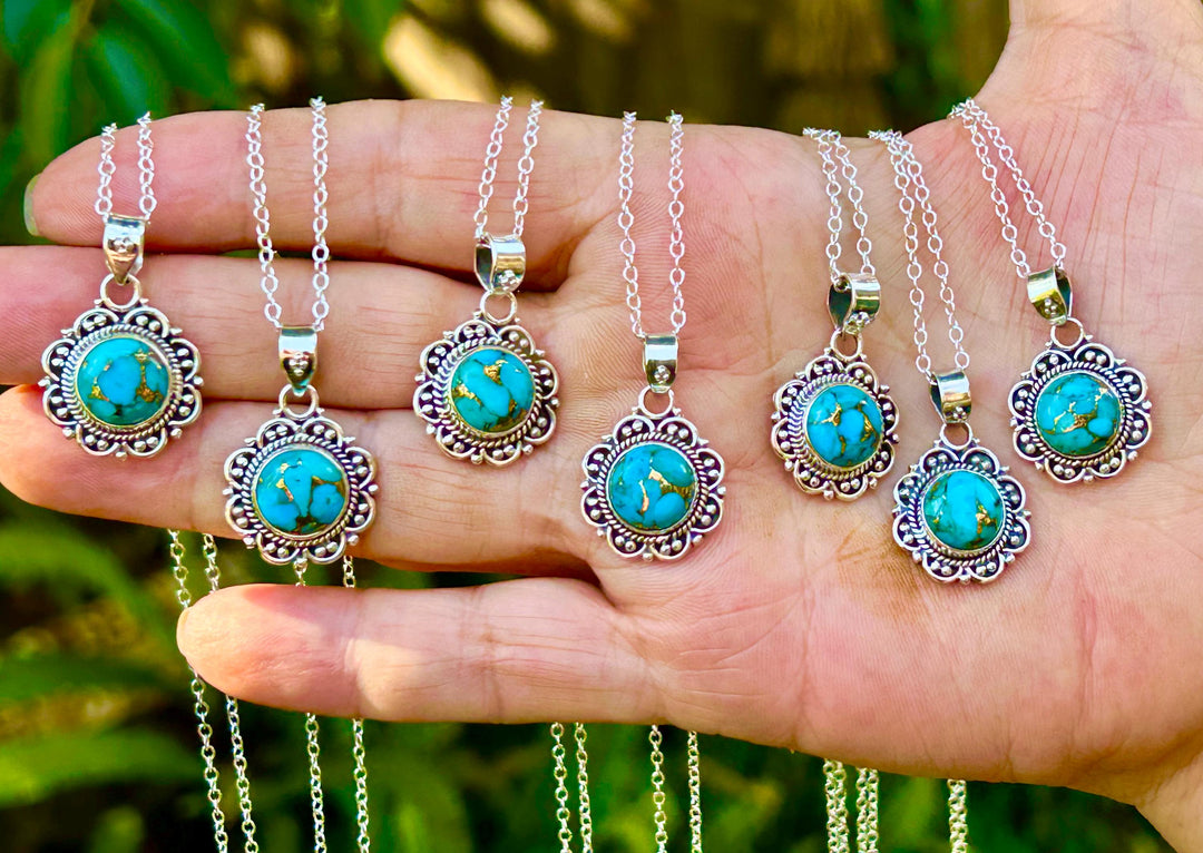 Dainty Copper Turquoise Necklace: Sterling Silver Scrollwork Pendant