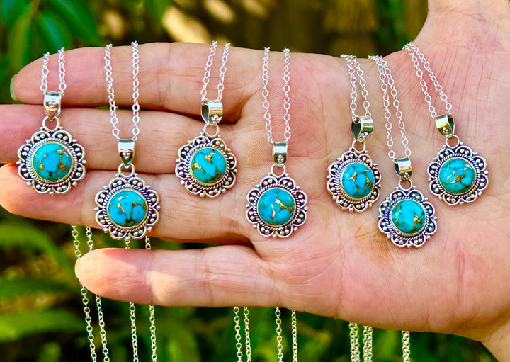 Dainty Copper Turquoise Necklace: Sterling Silver Scrollwork Pendant