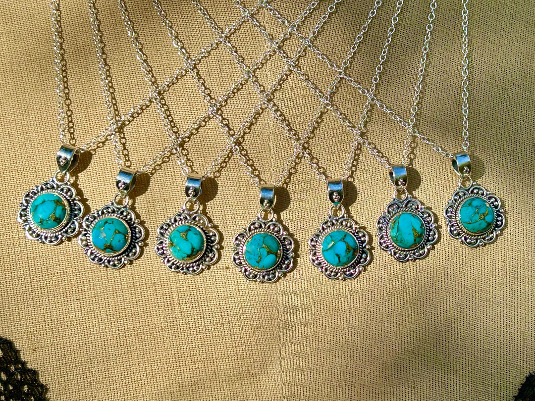 Dainty Copper Turquoise Necklace: Sterling Silver Scrollwork Pendant