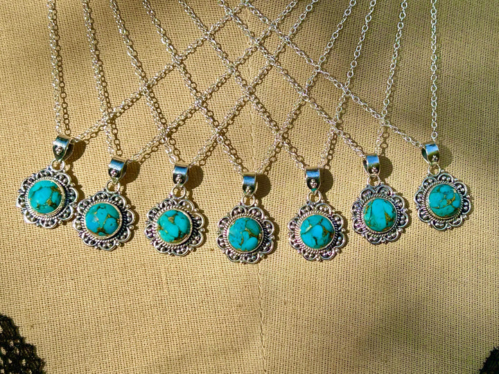 Dainty Copper Turquoise Necklace: Sterling Silver Scrollwork Pendant