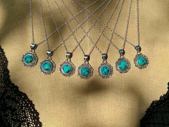 Dainty Copper Turquoise Necklace: Sterling Silver Scrollwork Pendant