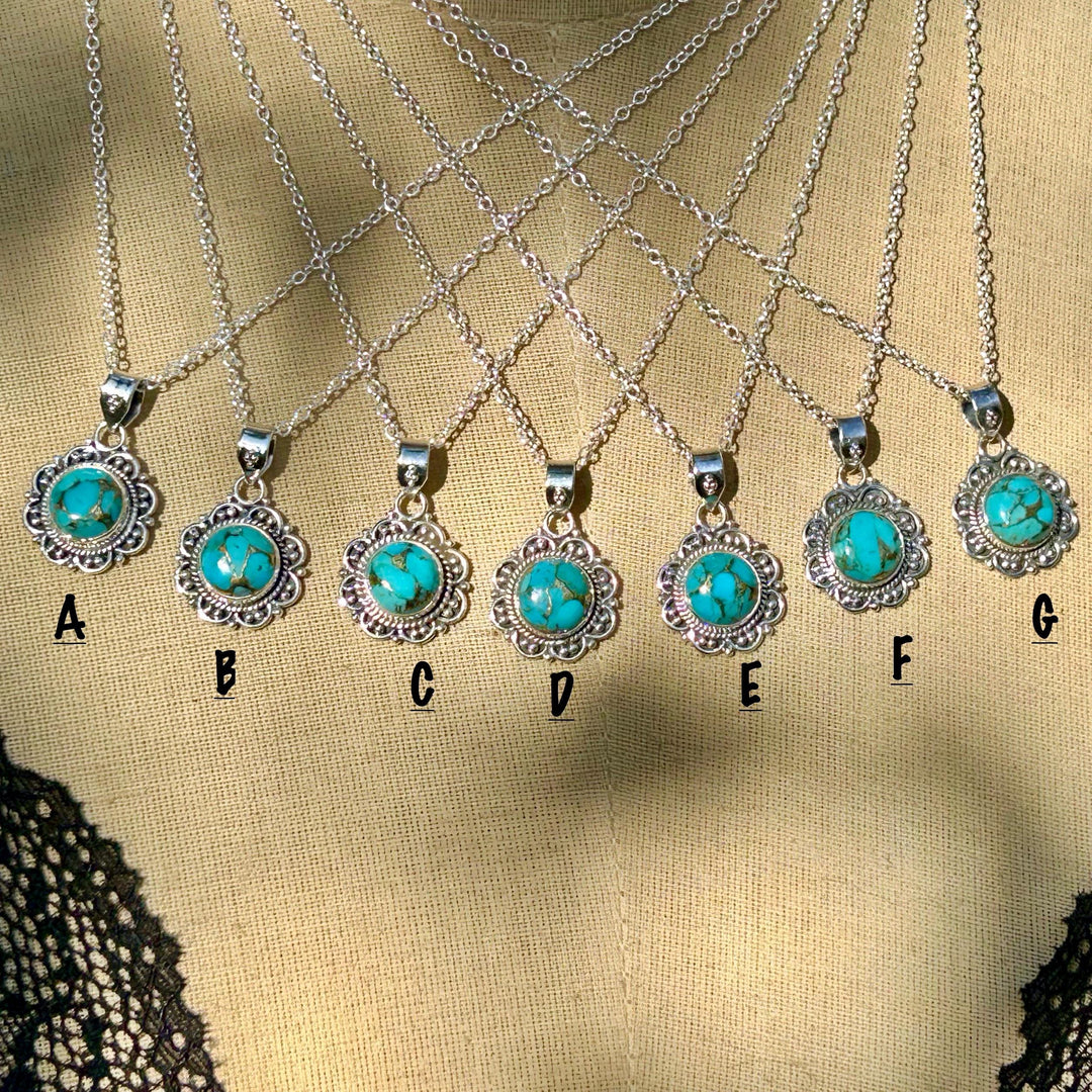 Dainty Copper Turquoise Necklace: Sterling Silver Scrollwork Pendant