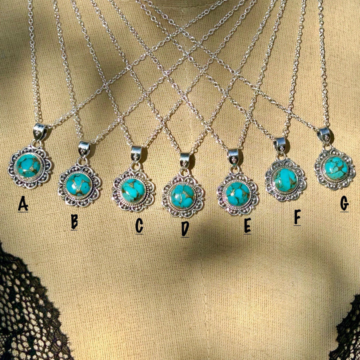 Dainty Copper Turquoise Necklace: Sterling Silver Scrollwork Pendant