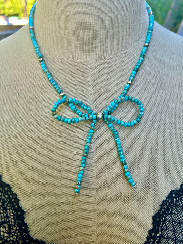 Turquoise Bow Necklace: Sterling Silver Rondelle Turquoise Beads, Handmade