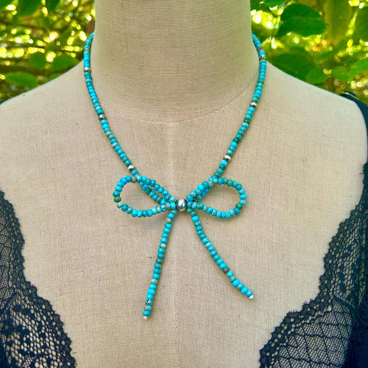 Turquoise Bow Necklace: Sterling Silver Rondelle Turquoise Beads, Handmade