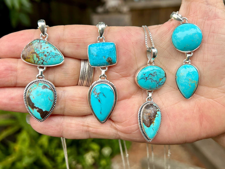 Genuine Kingman Turquoise Sterling Silver Two Stone Necklace Arizona Turquoise and Sterling Silver