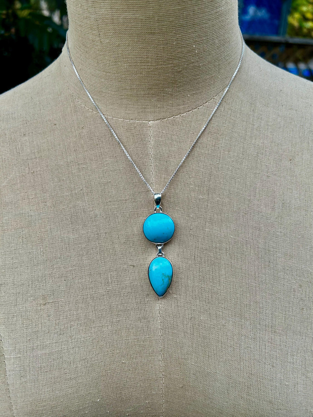 Genuine Kingman Turquoise Sterling Silver Two Stone Necklace Arizona Turquoise and Sterling Silver