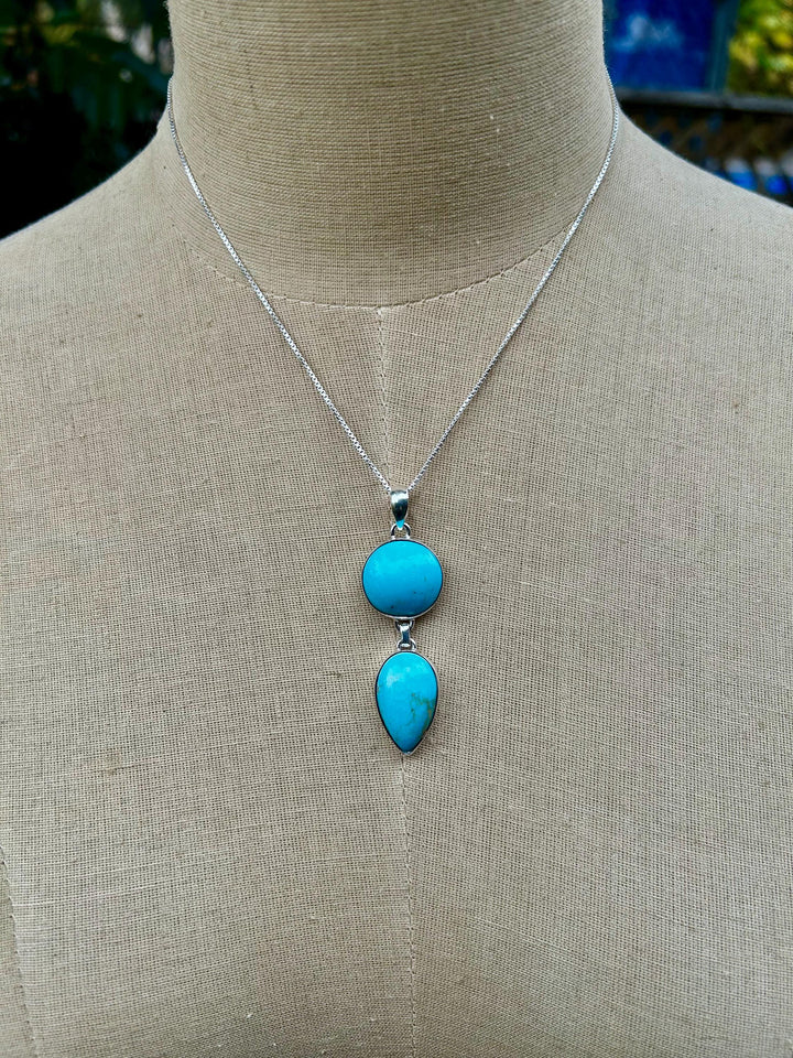 Genuine Kingman Turquoise Sterling Silver Two Stone Necklace Arizona Turquoise and Sterling Silver