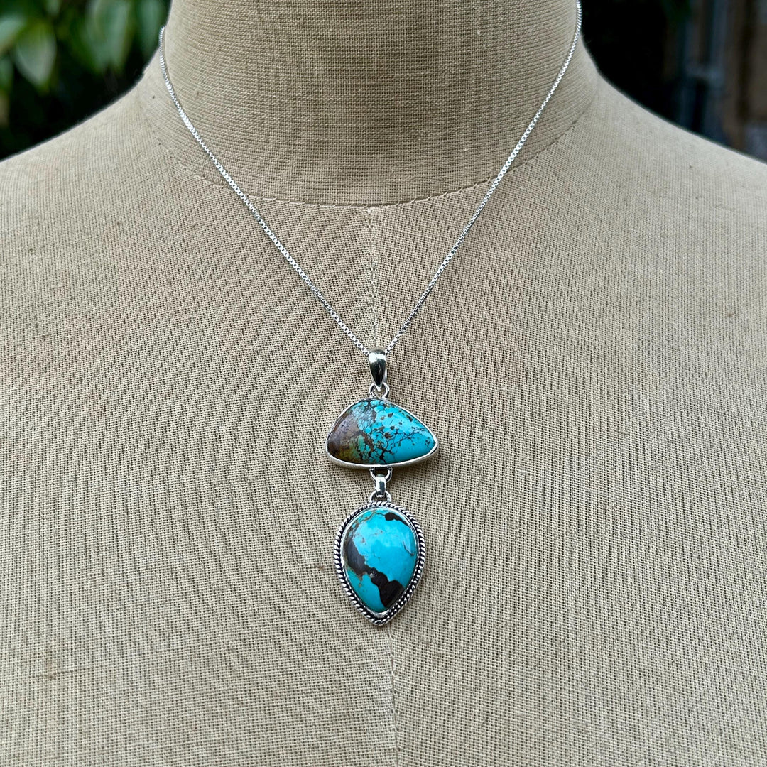 Genuine Kingman Turquoise Sterling Silver Two Stone Necklace Arizona Turquoise and Sterling Silver