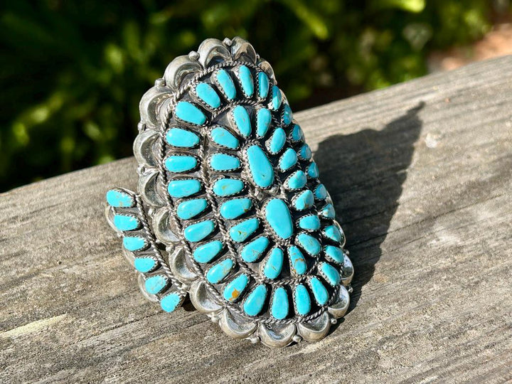 Turquoise Cluster Cuff Sterling Silver Signed Artist Native Made Turquoise Cluster Cuff Petit Point  Cluster Bracelet Turquoise Bracelet