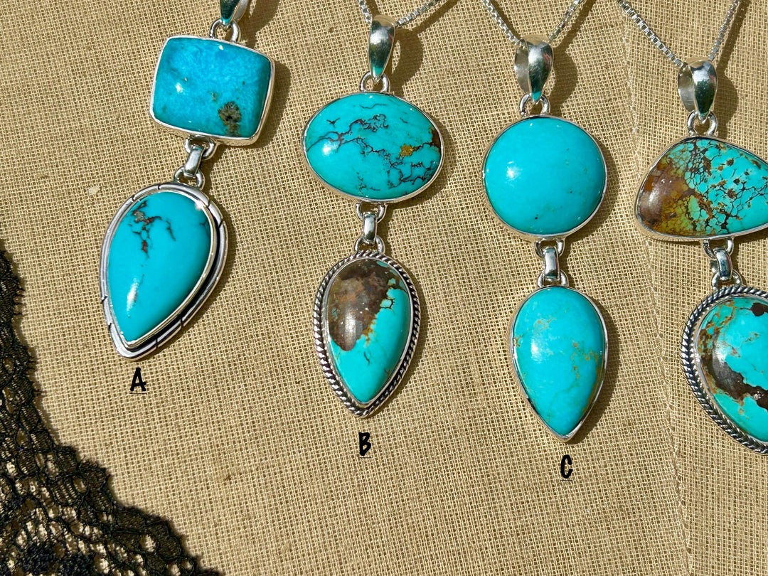 Genuine Kingman Turquoise Sterling Silver Two Stone Necklace Arizona Turquoise and Sterling Silver