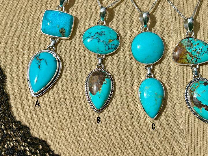 Genuine Kingman Turquoise Sterling Silver Two Stone Necklace Arizona Turquoise and Sterling Silver