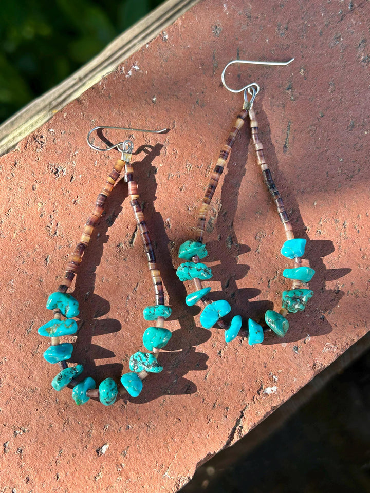 Navajo Blue Turquoise and Brown Lip Heishi Long Earrings Handcrafted Turquoise and Heishi Hoops Native Made