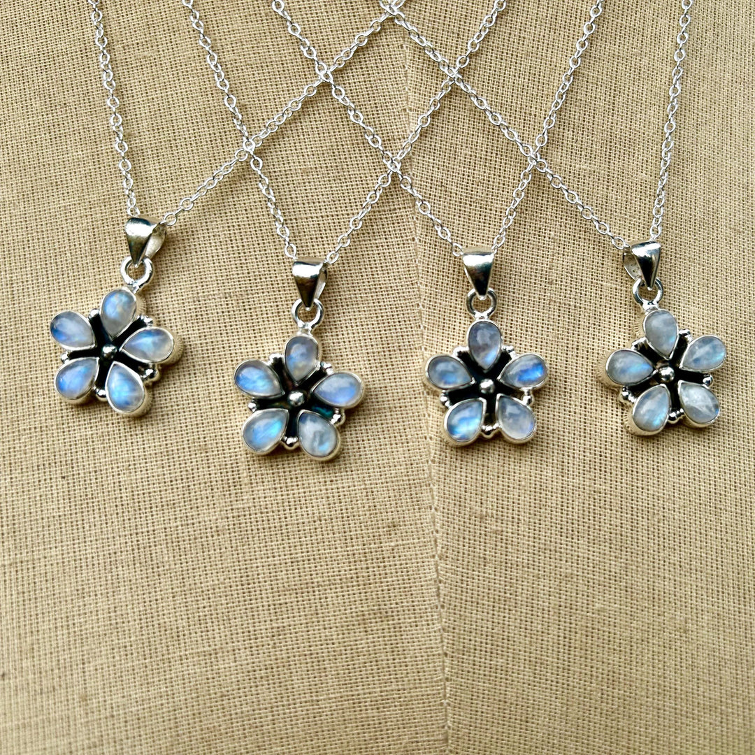 Rainbow Moonstone Flower Pendant Necklace:  Sterling Silver, Sterling Chain