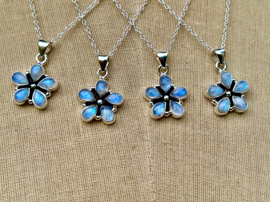 Rainbow Moonstone Flower Pendant Necklace:  Sterling Silver, Sterling Chain