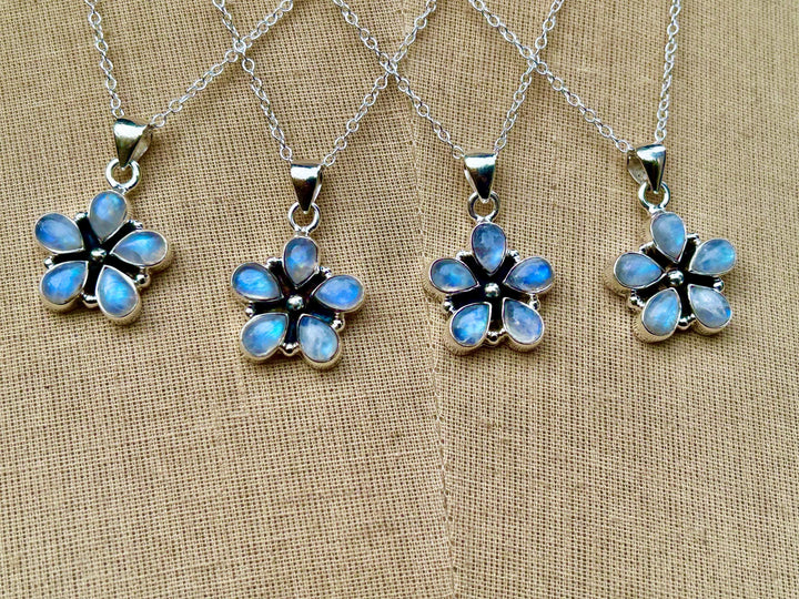 Rainbow Moonstone Flower Pendant Necklace:  Sterling Silver, Sterling Chain