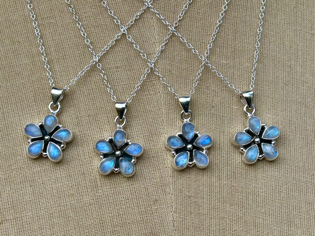 Rainbow Moonstone Flower Pendant Necklace:  Sterling Silver, Sterling Chain