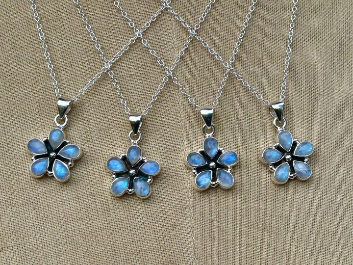 Rainbow Moonstone Flower Pendant Necklace:  Sterling Silver, Sterling Chain