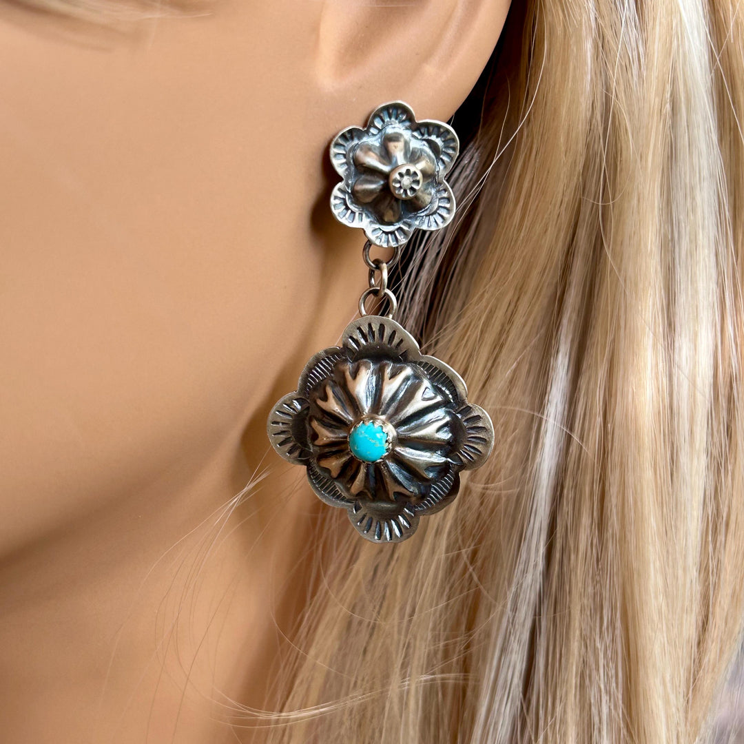 Turquoise Sterling Silver Navajo Earrings – Signed GY, Native American Jewelry