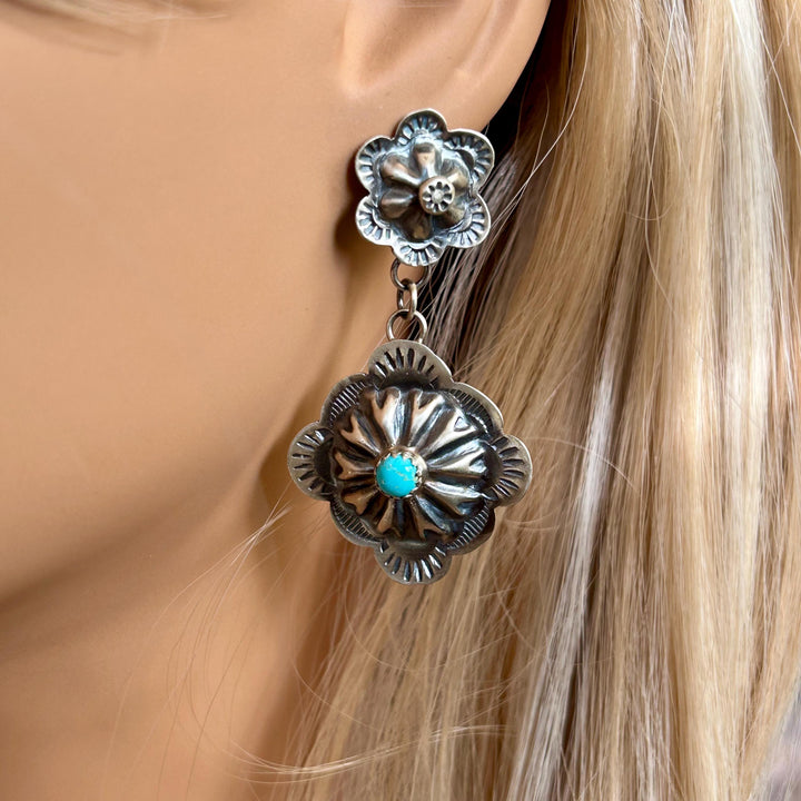 Turquoise Sterling Silver Navajo Earrings – Signed GY, Native American Jewelry