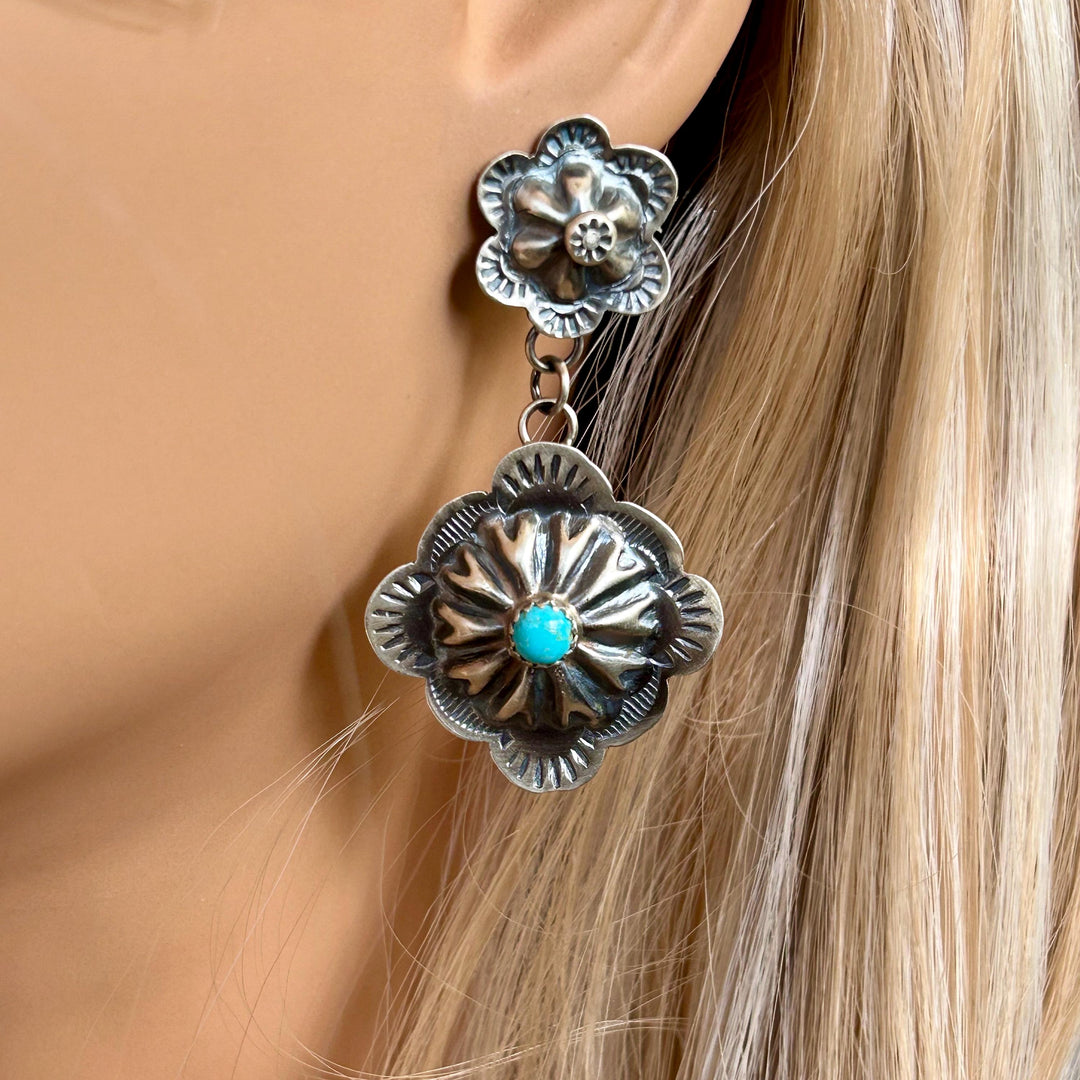 Turquoise Sterling Silver Navajo Earrings – Signed GY, Native American Jewelry