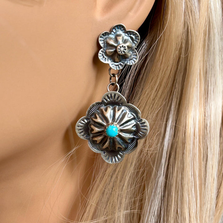 Turquoise Sterling Silver Navajo Earrings – Signed GY, Native American Jewelry