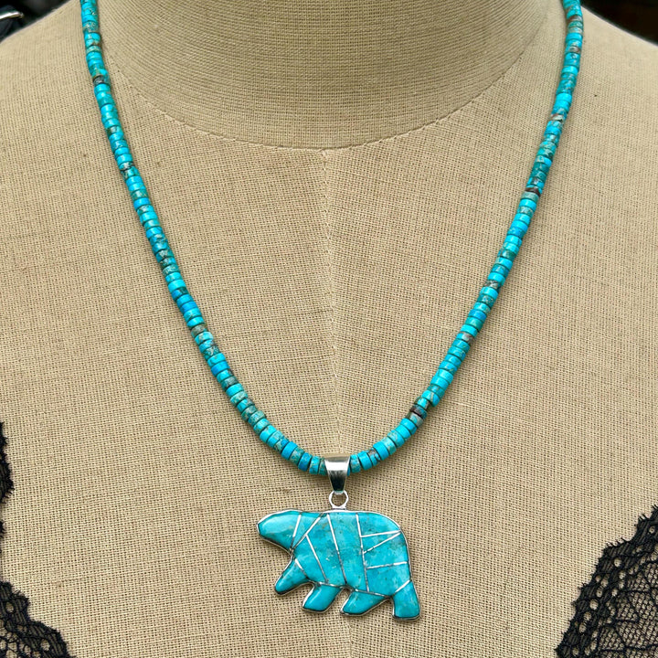Turquoise Bear Pendant Necklace: Sterling Silver Inlay 14" Choker