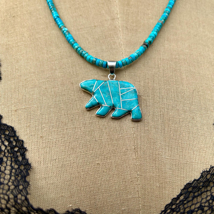 Turquoise Bear Pendant Necklace: Sterling Silver Inlay 14" Choker