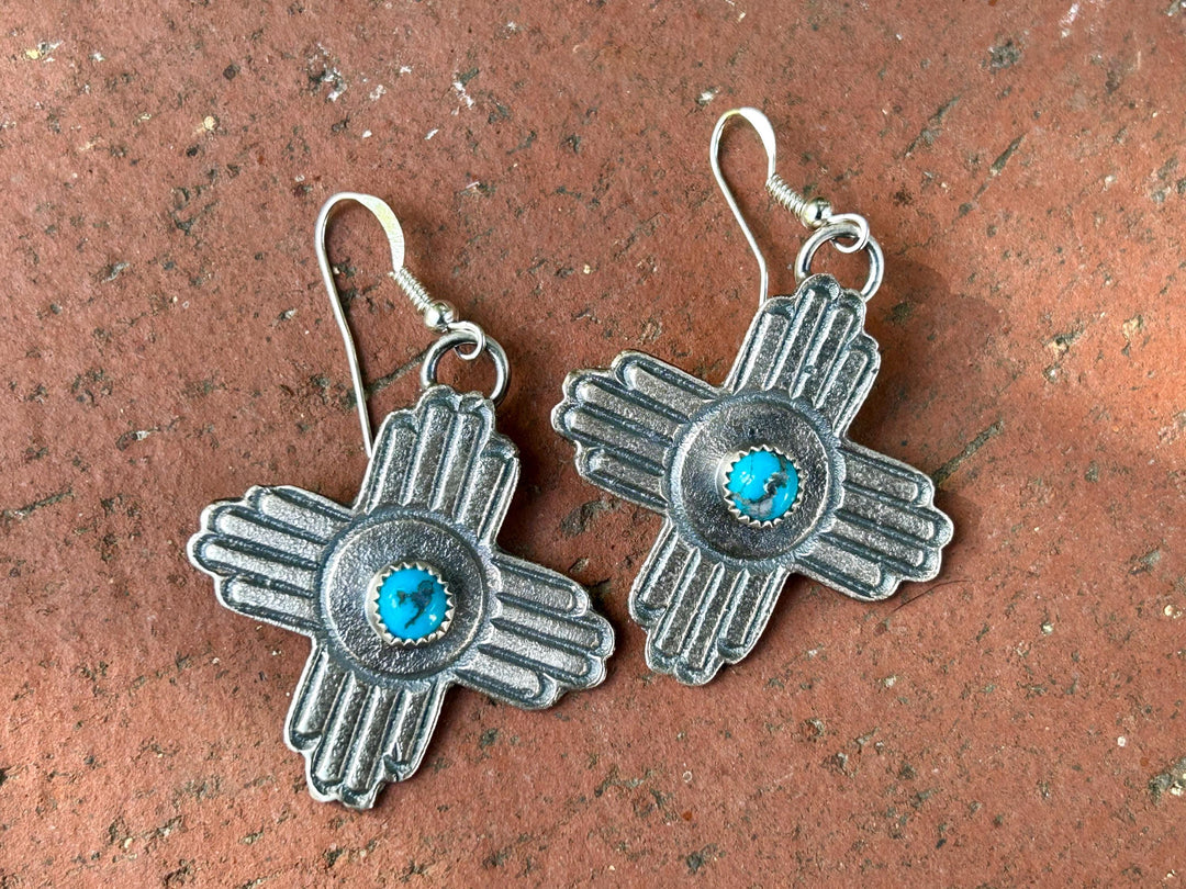 Turquoise Sterling Silver Zia Earrings: Vintage Southwestern Jewelry