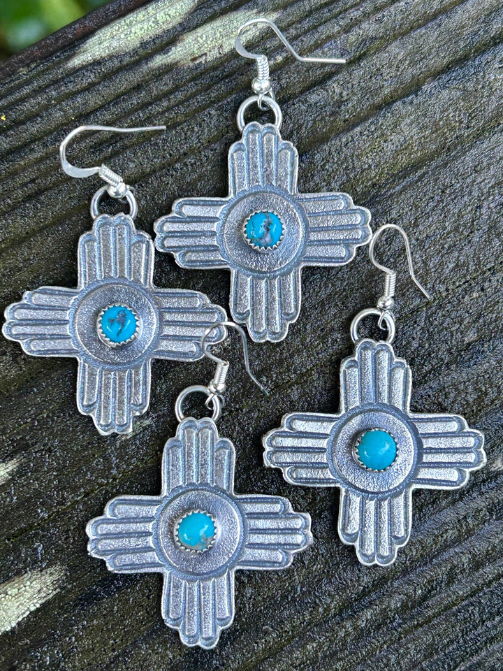 Turquoise Sterling Silver Zia Earrings: Vintage Southwestern Jewelry