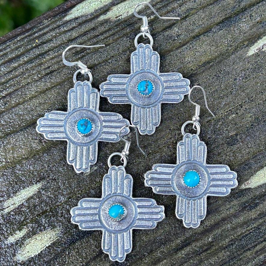 Turquoise Sterling Silver Zia Earrings: Vintage Southwestern Jewelry
