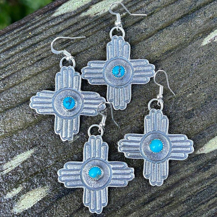 Turquoise Sterling Silver Zia Earrings: Vintage Southwestern Jewelry