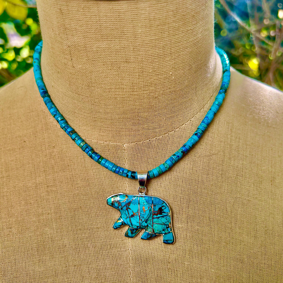 Turquoise Bear Pendant Necklace: Sterling Silver Inlay, Southwestern Style