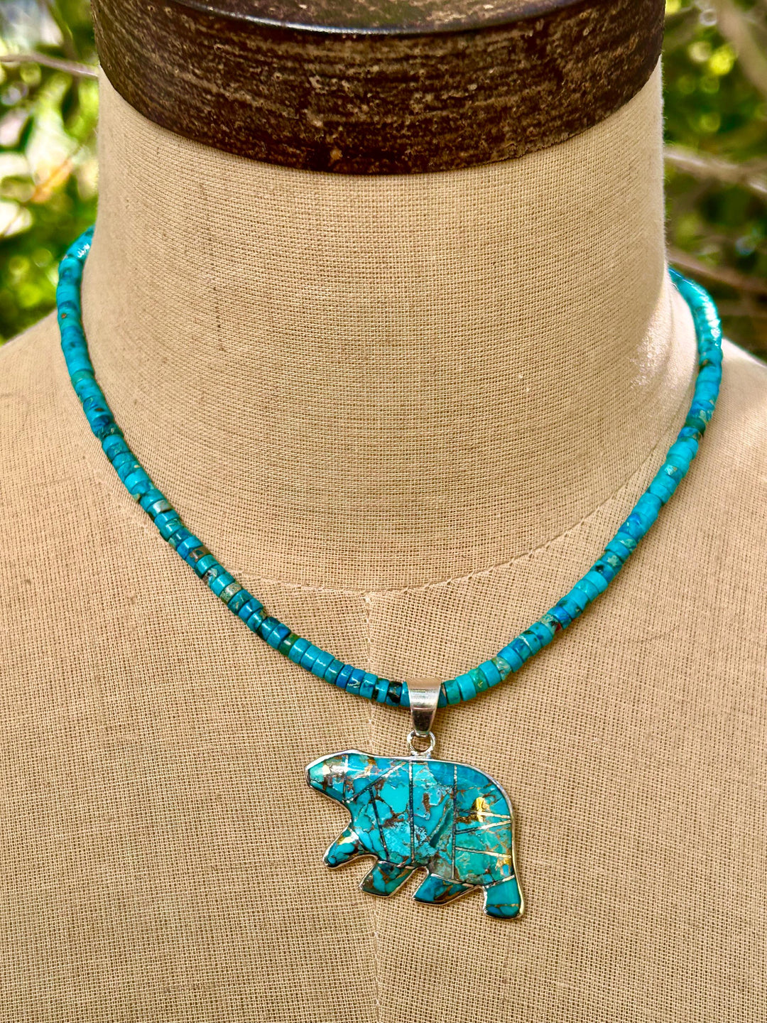 Turquoise Bear Pendant Necklace: Sterling Silver Inlay, Southwestern Style