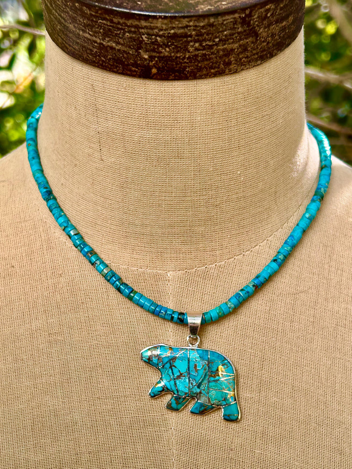 Turquoise Bear Pendant Necklace: Sterling Silver Inlay, Southwestern Style