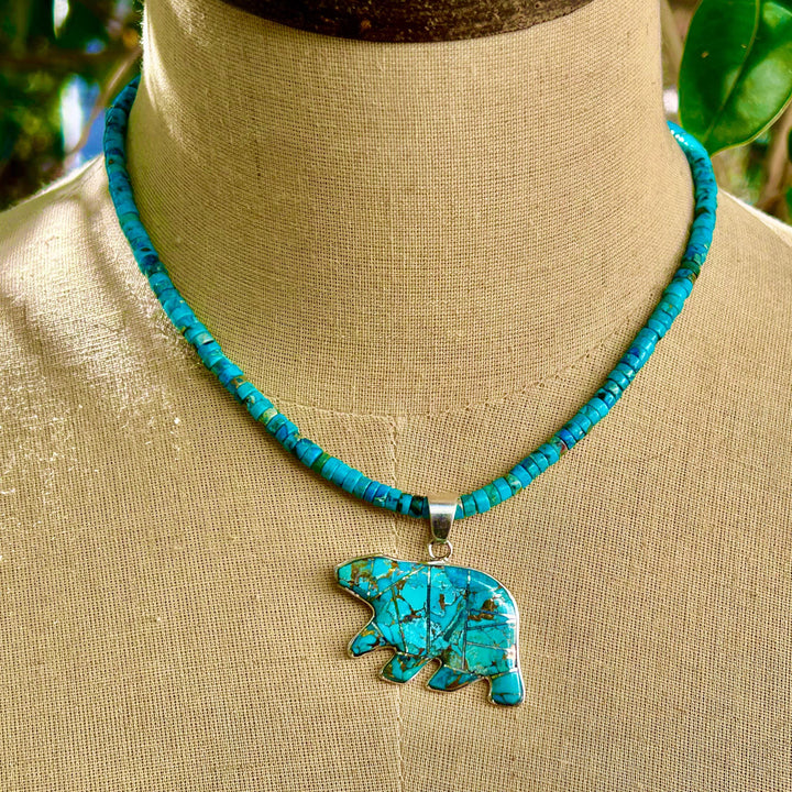 Turquoise Bear Pendant Necklace: Sterling Silver Inlay, Southwestern Style