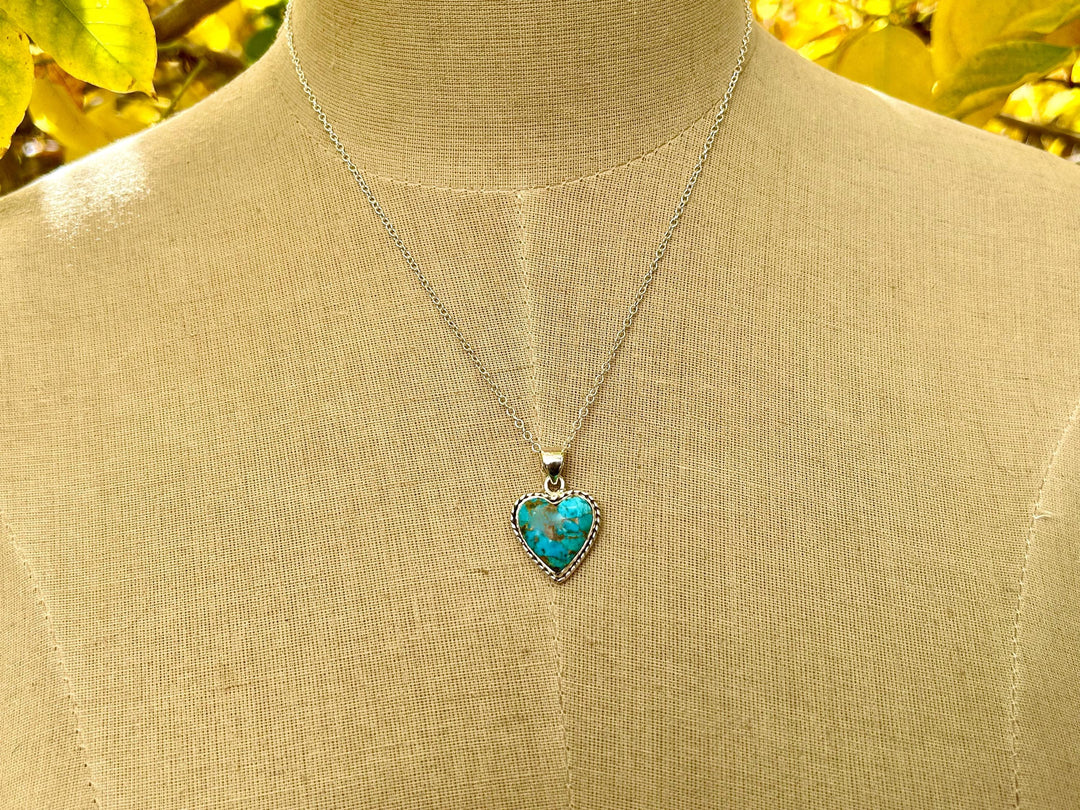 Turquoise Heart Pendant Necklace: Sterling Silver, Copper Southwestern Jewelry