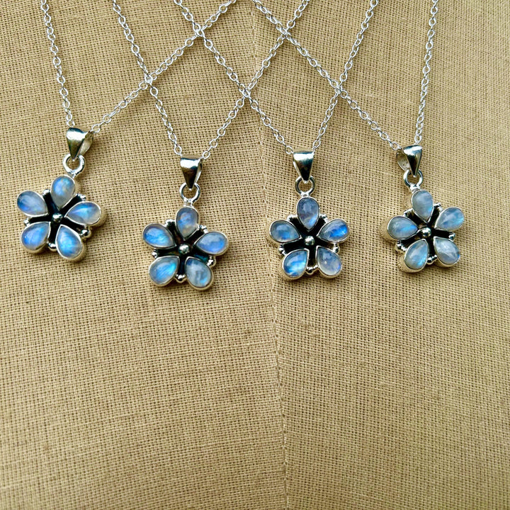 Rainbow Moonstone Flower Pendant Necklace:  Sterling Silver, Sterling Chain