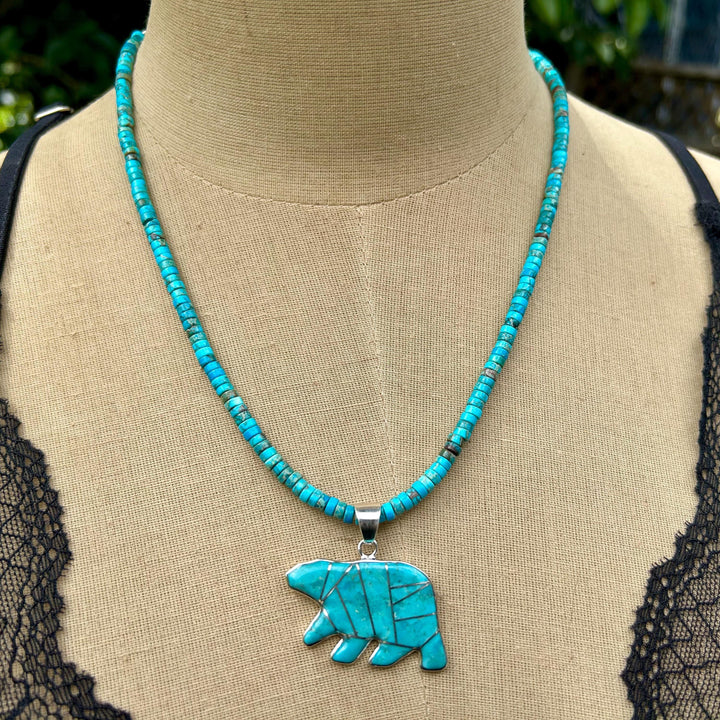 Turquoise Bear Pendant Necklace: Sterling Silver Inlay 14" Choker