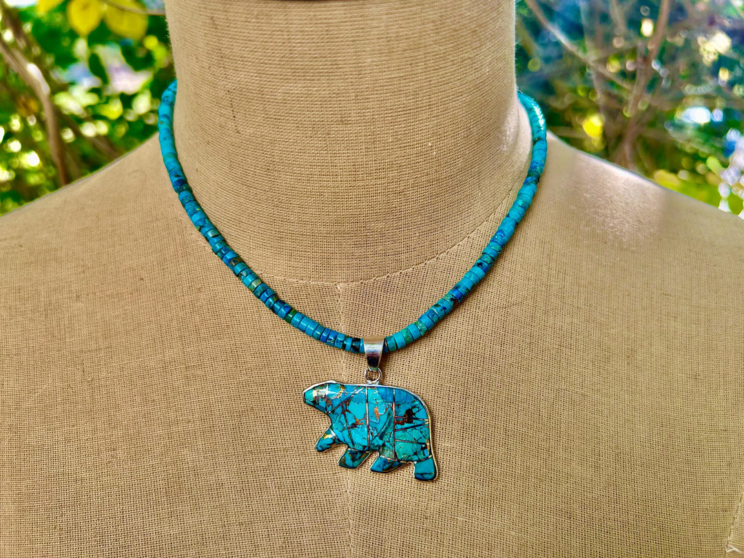 Turquoise Bear Pendant Necklace: Sterling Silver Inlay, Southwestern Style