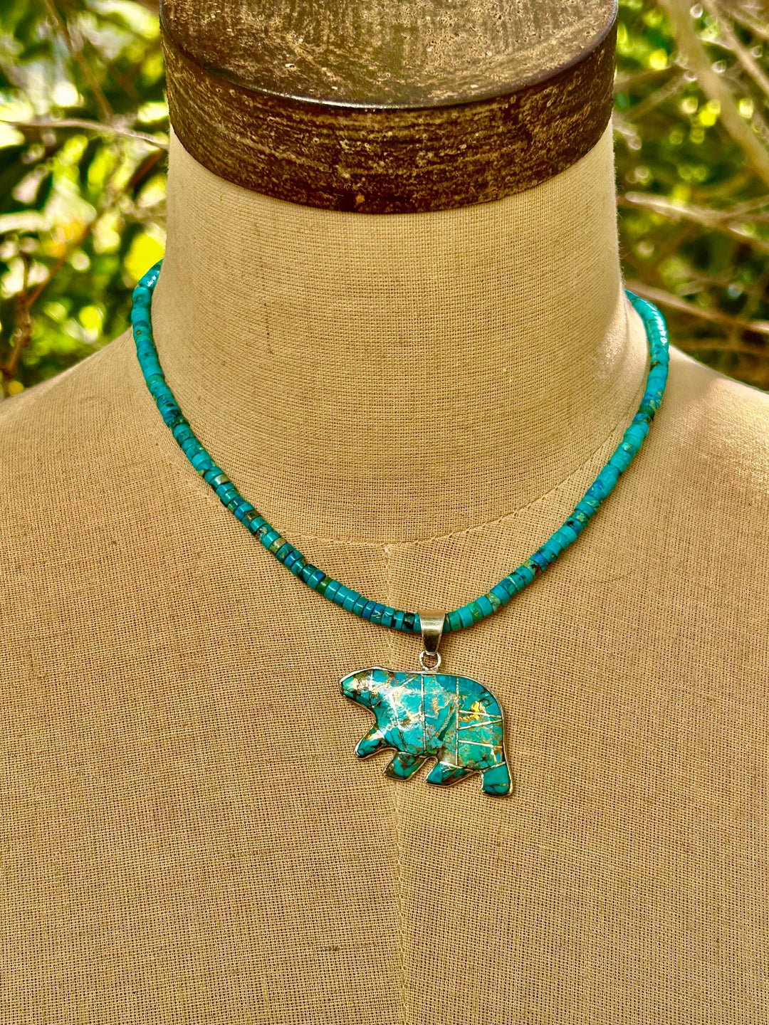 Turquoise Bear Pendant Necklace: Sterling Silver Inlay, Southwestern Style