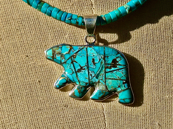 Turquoise Bear Pendant Necklace: Sterling Silver Inlay, Southwestern Style