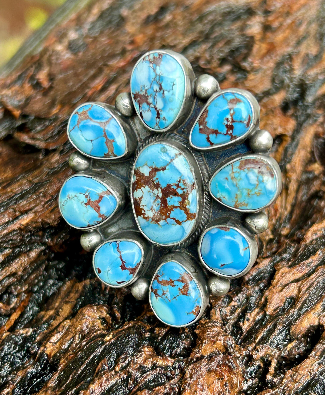 Golden Hills Turquoise Cluster Ring - Navajo Sterling Silver Adjustable