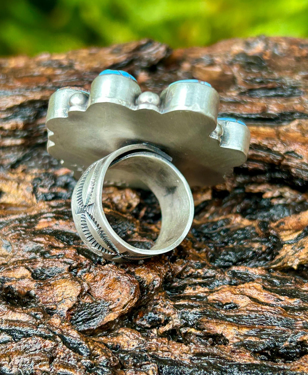 Golden Hills Turquoise Cluster Ring - Navajo Sterling Silver Adjustable