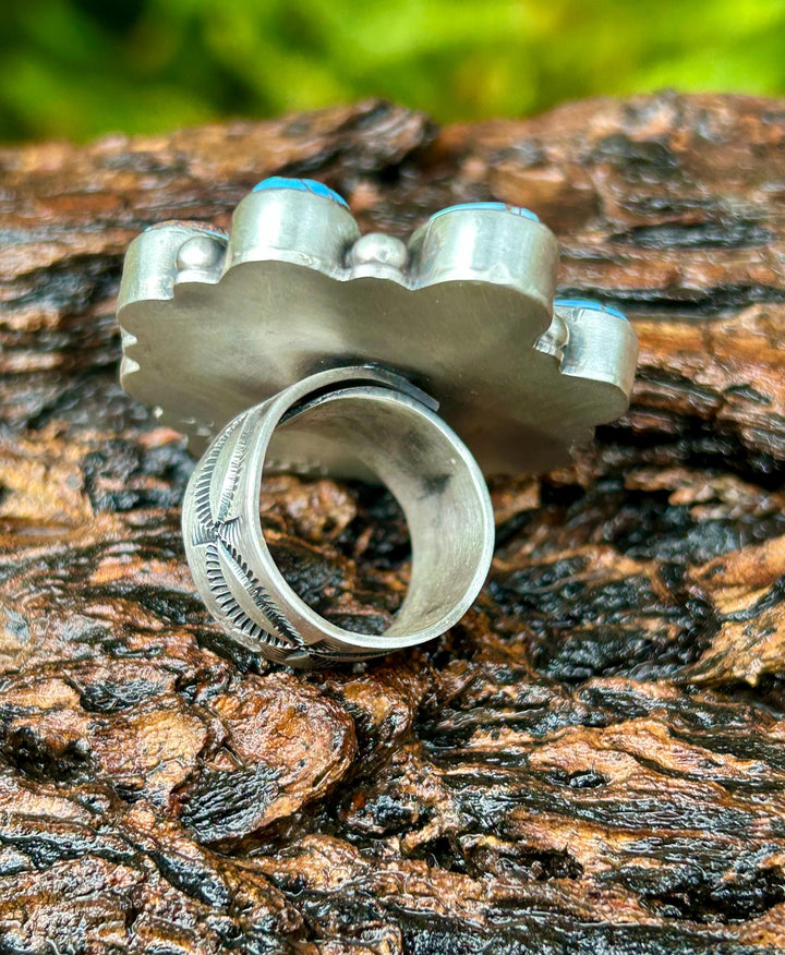 Golden Hills Turquoise Cluster Ring - Navajo Sterling Silver Adjustable