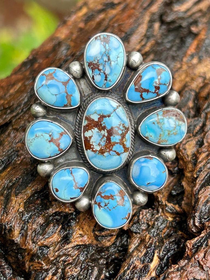 Golden Hills Turquoise Cluster Ring - Navajo Sterling Silver Adjustable