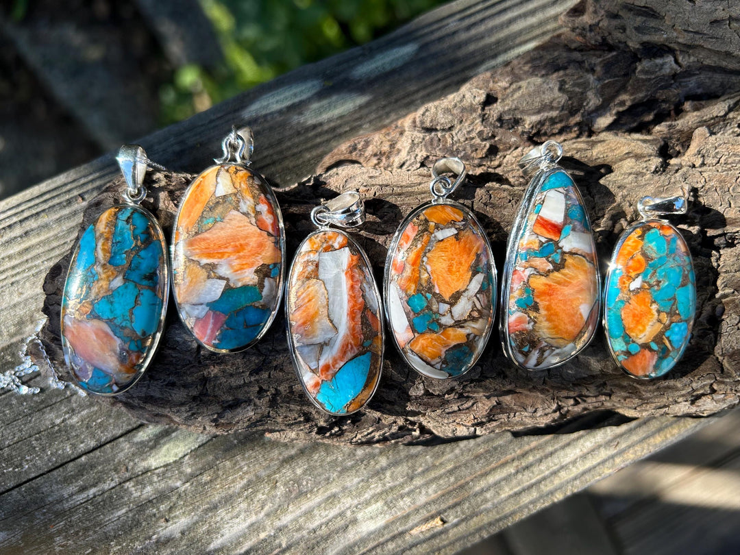 Turquoise Spiny Oyster Pendant Necklace: Sterling Silver Chain
