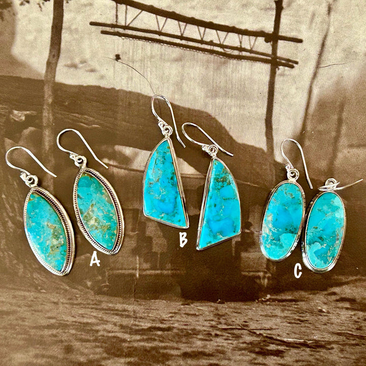 Genuine Kingman Dangle Earrings Sterling Silver Southwestern Handmade